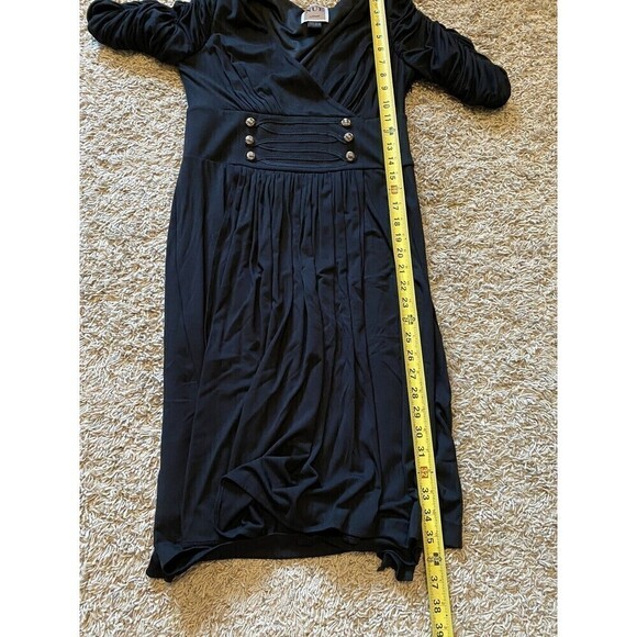 Nue by Shani Dress Size 6 Black Ruched 3/4 Sleeves Buttons Pleating Crossover - Picture 9 of 10